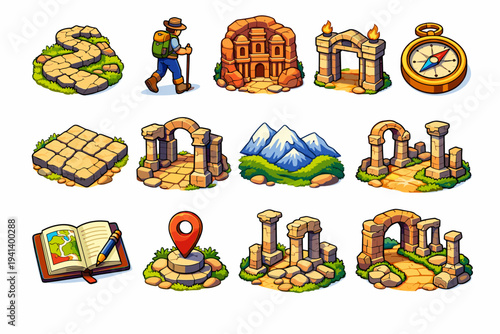 Ancient Pathway Explorer. Colorful isometric vector icons set of Ancient Pathway Explorer: winding stone path, traveler walking, carved rock buildings, ancient