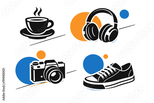 A modern graphic collage lifestyle icon set featuring black and white minimalist icons (coffee cup, headphones, camera, sneakers) with cut-out effect and