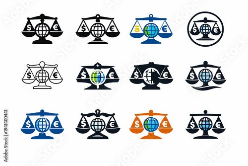 The impact of tariffs and trade policies on global commerce. Icon set. Set Logo of the impact of tariffs and trade policies on global commerce: balance scales