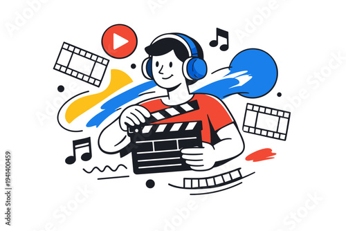 Music, Film and Visual Identity. A character holding a clapperboard and headphones, surrounded by floating film frames, music notes, and abstract paint