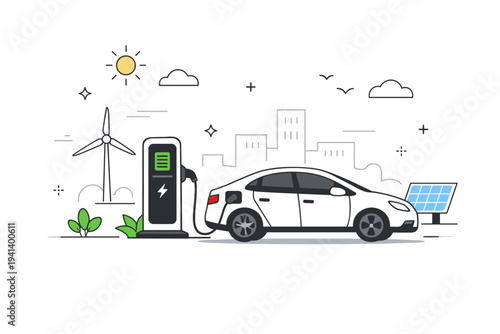 Electric vehicle infrastructure. A modern EV charging station with a car connected, placed in a clean urban environment. The scene conveys sustainability,