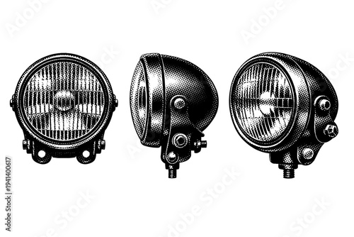 Motorcycle headlight round housing illustrated in frontal, side, and three-quarter views focusing on glass texture, rim structure, and mounting brackets. Black