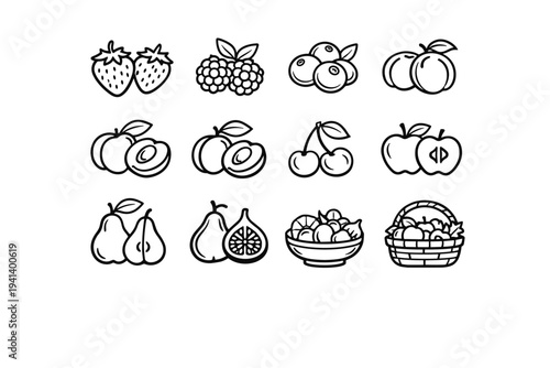 Seasonal Fruit Preserves. Line icon set of Seasonal Fruit Preserves: strawberries, raspberries, blueberries, apricots, peaches, plums, cherries, apples, pears,