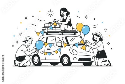 Decorating the car for a summer road trip celebration. A compact car with simple garlands, small flags and balloons attached, friends adding final touches with