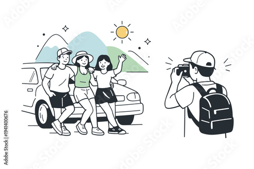 Capturing memories during a summer road trip. One friend taking a photo of the group leaning against the car, relaxed poses and cheerful mood, abstract