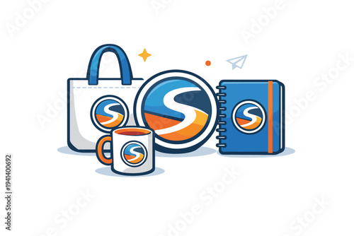 Branded merchandise identity featuring a cohesive set of custom items including tote bag, mug, and notebook arranged around a central logo emblem. A clean