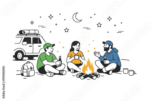 Evening campfire after a summer road trip day. Small group sitting around a simple campfire near their car, calm conversation and relaxed celebration under a