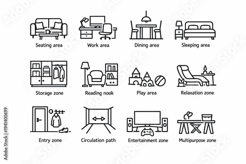 Room functionality zones. Line icon set of Room functionality zones: seating area, work area, dining area, sleeping area, storage zone, reading nook, play