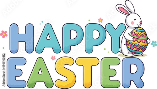 Happy easter text with cute white rabbit holding decorated egg