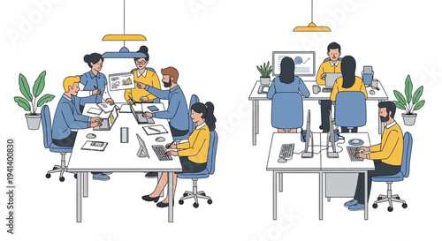 Set of 2 office workspace illustrations with people vector