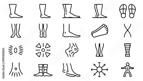 Thirty white outline icons of feet and legs on a dark backdrop.