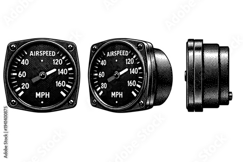 Airspeed indicator gauge with calibrated scale, pointer needle, and metallic housing presented in frontal, three-quarter, and profile views highlighting dial