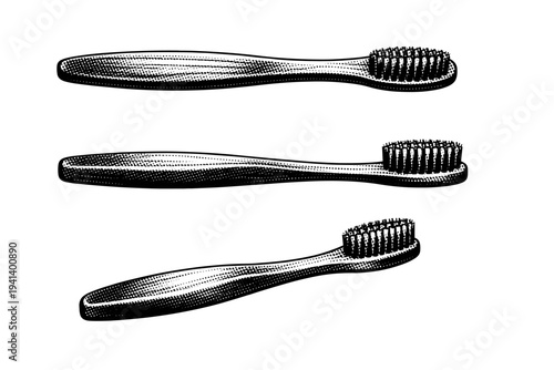 Wooden toothbrush A wooden-handled toothbrush shown as a single object, presented in top, side, and three-quarter views highlighting natural handle shape and