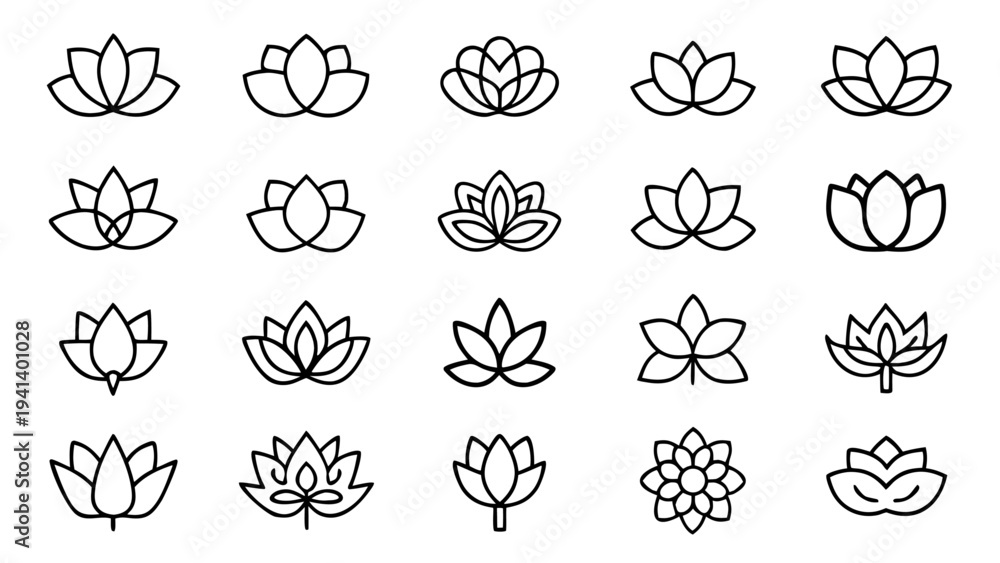Obraz premium A set of thirty white outline lotus designs on a black background.