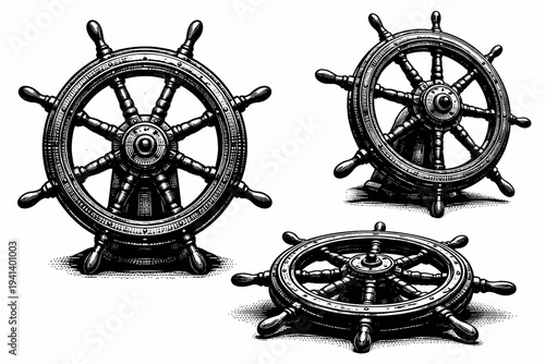 Large helm ship wheel. A large helm ship wheel represented as a single object in three viewpoints emphasizing oversized diameter, reinforced structure, and