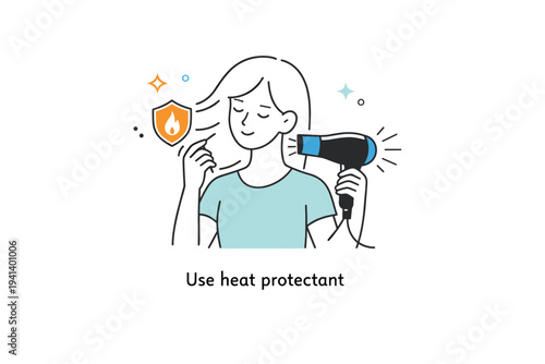 Heat protection and styling care. A character using a hair dryer with a small shield icon near the hair, representing protection from heat damage, calm focused