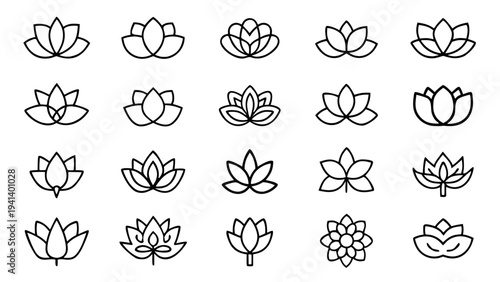 A set of thirty white outline lotus designs on a black background.