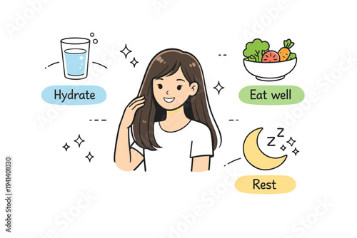 Healthy hair lifestyle tips. A balanced composition with icons of water glass, healthy food bowl, and sleep moon symbol arranged around a smiling character,