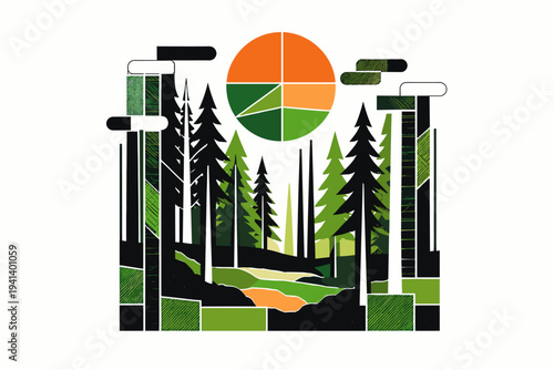 A fragmented black-and-white forest scene reduced to vertical line patterns and simplified tree silhouettes, large geometric sun formed by overlapping circles