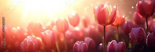 Vibrant Red Tulips Blooming in Sunlit Meadows, Creating a Beautiful Floral Symphony of Color