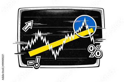 Black and white retro computer screen displaying an unstable financial chart with extreme zigzag movement, bold yellow geometric rectangle slicing through the