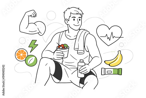Recovery and energy. Athlete relaxing post-workout, holding a healthy snack, gentle icons of muscles and heart nearby. Calm, confident scene about recovery