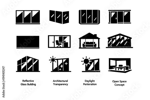 Glass Walls. Solid icon set of Glass Walls: full glass wall, transparent partition, glass room divider, sliding glass panels, frameless glass wall, office