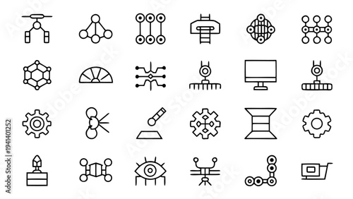 Thirty white transport and machinery icons set on a black background.