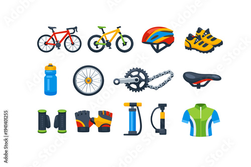 Cycling. Colorful flat vector icons set of cycling: road bike, mountain bike, cyclist helmet, cycling shoes, water bottle, bike wheel, chain and gears, bike