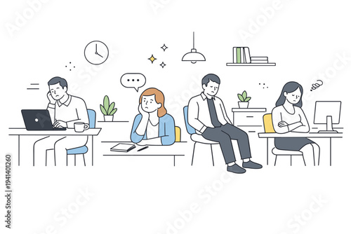 Employee morale decline. Several coworkers seated apart in an open office, minimal interaction and lowered energy. Collective disengagement and quiet