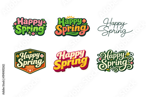 Happy Spring. Set lettering. harmonious lettering variations of the same emblematic concept, each with different artistic interpretation (Rounded bubble