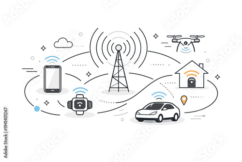 Future wireless technology. Abstract representation of next-generation connectivity with devices and signal waves forming a clean network. The scene feels