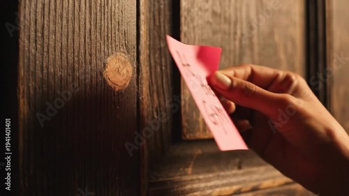A hand places a note that says 'At the Gym' on a wooden surface