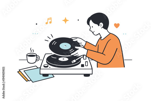 Listening to vinyl. A person placing a record on a turntable, slow and intentional movement. Quiet ritual of enjoying music with focus and warmth. Minimalist