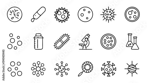 Thirty distinct white outline icons focusing on microbiological processes and laboratory tools are presented in a grid format over a deep black field.