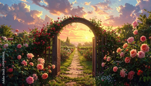Pathway through a rose garden, leading to sunset under a beautiful sky
