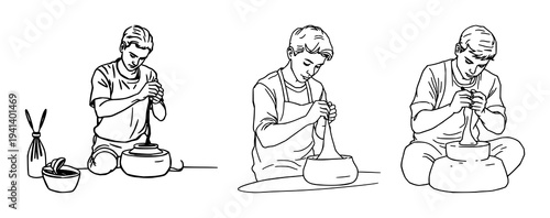 Sculptor set with continuous line drawing of a person sculpting clay featuring hand, wrist, sculpture with minimalist style and black stroke