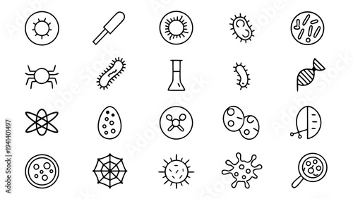 A set of thirty white linear icons depicting diverse microbiology concepts and laboratory instruments is centered on a solid matte black background.