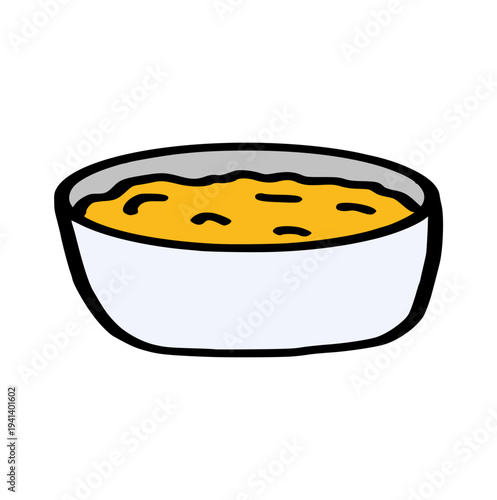 Bowl of soup doodle, hand drawn yellow porridge or cereal icon for breakfast, healthy meal, and hot food concept
