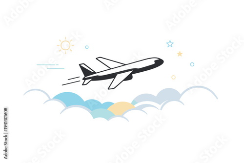 Airplane journey. A minimal airplane silhouette gliding above fluffy clouds, suggesting smooth long-distance travel. Calm rhythm with balanced composition and