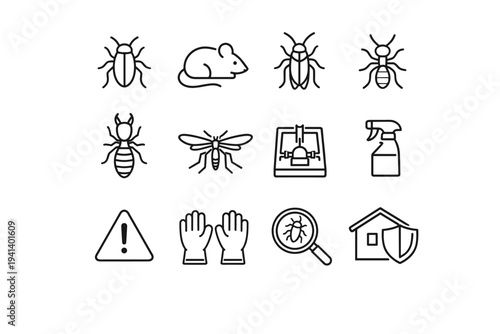 Pest Control. Line icon set of Pest Control: insect bug, mouse rodent, cockroach, ant, termite, mosquito, pest trap, spray bottle, warning sign, protective