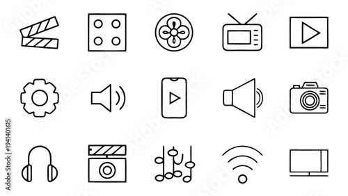 Thirty white outline icons featuring multimedia playback controls and recording equipment are arranged in a grid pattern on a solid black background.