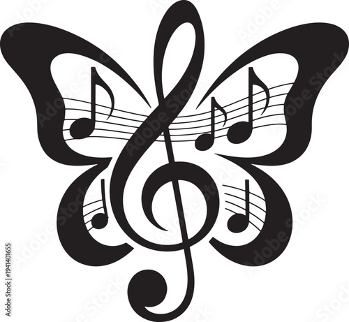 A butterfly with a treble clef and music notes