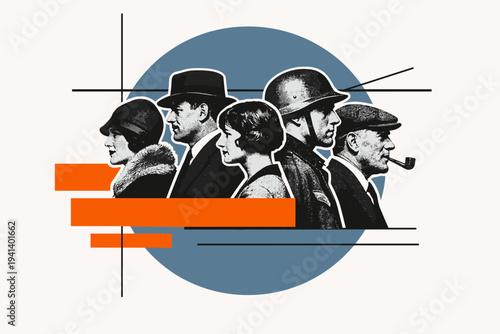 A group of black-and-white vintage cutout characters standing in profile, each figure outlined with a thin white contour, layered over a large muted blue