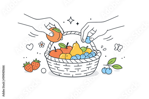 Harvest time. A simple scene showing hands carefully placing fresh fruit into a basket, mindful movement and natural abundance, gentle organic mood. Minimalist