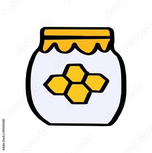 Honey jar doodle with honeycomb label, hand drawn sweet organic nectar for breakfast, bee product, and healthy syrup concept