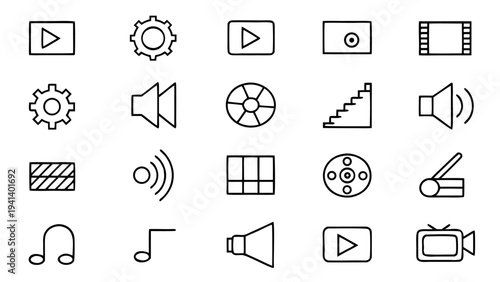 Thirty white line icons for multimedia applications are displayed in a structured grid format against a dark black background for high contrast.