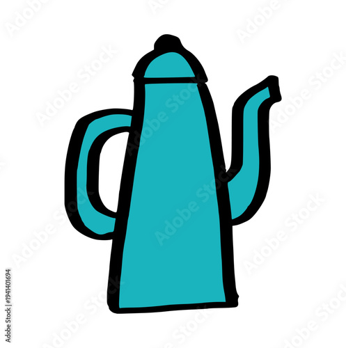 Teapot doodle, hand drawn teal coffee pot icon for kitchen, tea time, cafe menu, breakfast, and hot beverage concept
