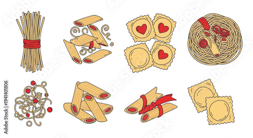 Assorted Italian Pasta Collection: Spaghetti, Ravioli, Penne, Macaroni - Isolated
