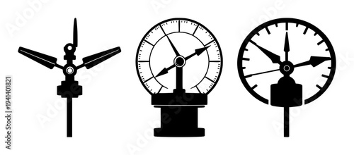 Anemometer set with flat vector icon of a wind gauge featuring bold outlines, solid black, white background with weather symbol and anemometer illustration